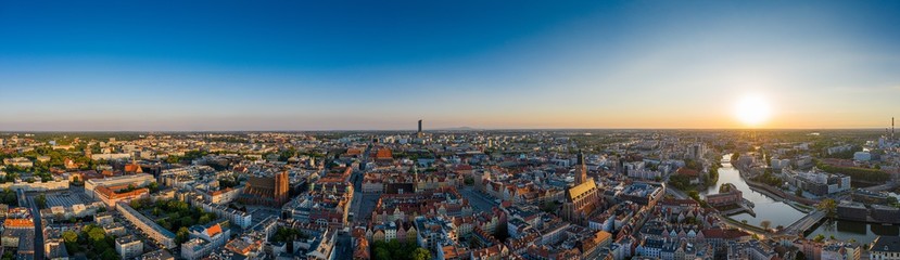 Wroclaw drone panorama. Drone aerial view of Wrocław city center.