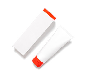 White mock up with red stripe packaging box of face cream. Top view of plastic cosmetic tube or toothpaste. Blank Template. Flat Lay.
