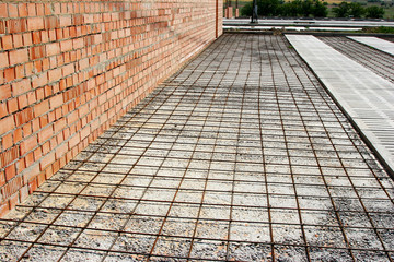 Reinforcement metal framework for concrete pouring. Ready for filling up with concrete.