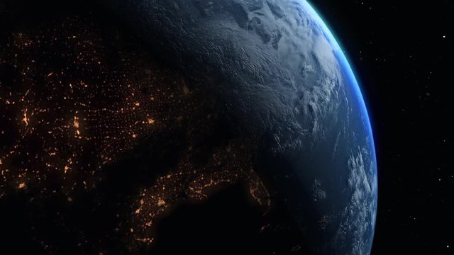 Photo realistic 3D earth from high earth orbit. Sunrise view above north America from space. Planet earth from space. Clip contains space, planet, stars, cosmos, sea, earth, sunrise, globe.