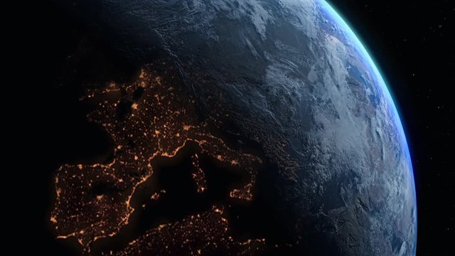 Photo realistic 3D earth from high earth orbit. Sunrise view of Europe from space. Planet earth from space. Clip contains space, planet, stars, cosmos, sea, earth, sunrise, globe, Europe.