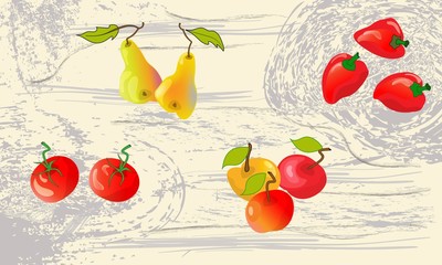 Vegetables and fruits on a wooden board background.
Nice layout for advertisements,  menu.
Vector design.