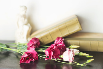Authentic beautiful flowers on blurred background of books as a background for art design. Selective focus.