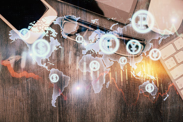 Multi exposure of forex graph hologram over desktop with phone. Top view. Mobile trade platform...