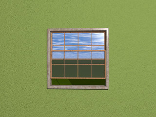 Sash window made of stone and wood on OLIVE DRAB wall opened to outside grass and blue sky with light reflection. 3D illustration for background and oil