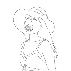 Hand drawn line art cute girl with hat and flower on the mount