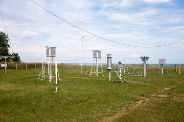 Weather meter with sea background. Weather station on the coast of the Black sea in a summer Sunny...
