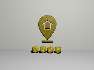 3D illustration of home graphics and text made by metallic dice letters for the related meanings of the concept and presentations for background and house