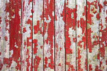 Wooden planks background. Wooden planks with cracked old paint residue. Withered old fence boards. As background for creative design.