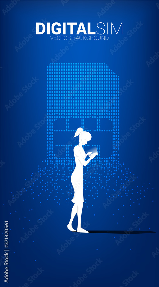 Aufkleber Silhouette of woman use mobile phone with digital sim from pixel transform. Concept for mobile technology and network.