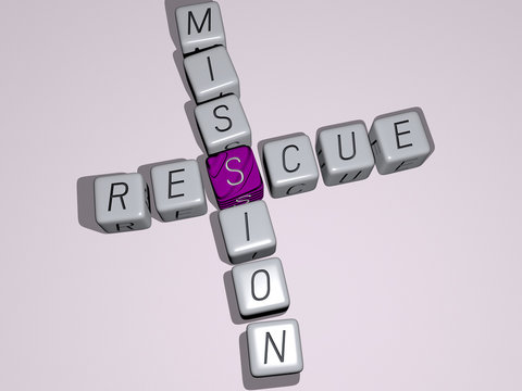 RESCUE MISSION crossword by cubic dice letters - 3D illustration for emergency and icon
