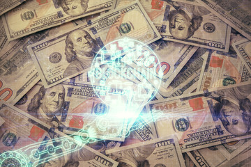 Multi exposure of crypto theme drawing over us dollars bill background. Concept of blockchain success.