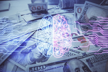 Fototapeta premium Double exposure of brain drawing over us dollars bill background. Technology concept.