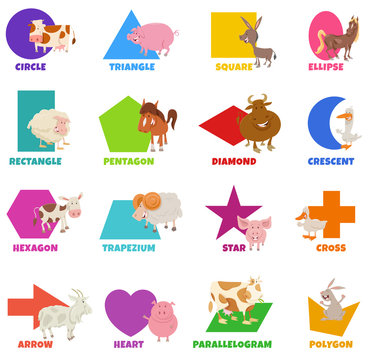 basic geometric shapes with cute farm animals set
