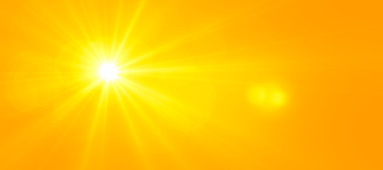 Sunny summer background, orange sun with lens flare. Heat wave 3D illustration