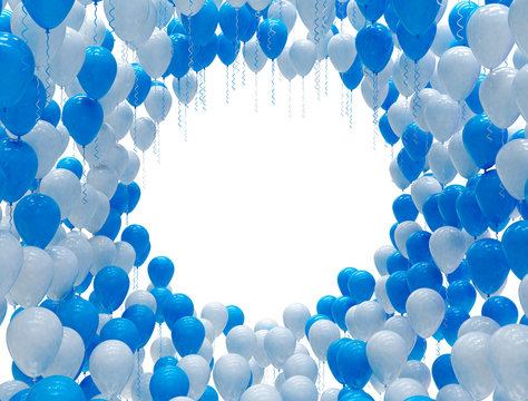 White and blue balloons. Happy Valentine's Day celebration, background  3D illustration with frame copy space