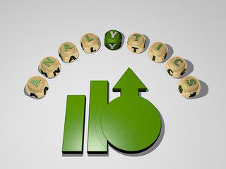 ANALYTICS 3D icon surrounded by the text of cubic letters - 3D illustration for business and concept