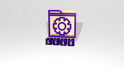 3D graphical image of GEAR vertically along with text built by metallic cubic letters from the top perspective, excellent for the concept presentation and slideshows for illustration and background