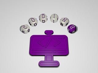 CODING circular text of separate letters around the 3D icon - 3D illustration for code and computer