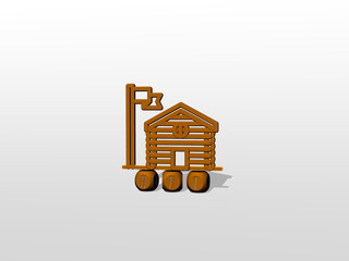 HUT cubic letters with 3D icon on the top - 3D illustration for house and landscape