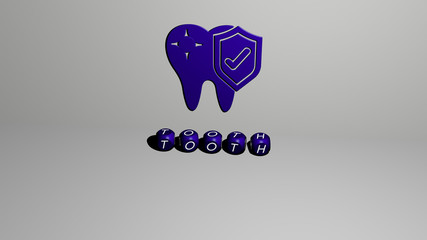 tooth 3D icon on the wall and text of cubic alphabets on the floor - 3D illustration for dental and care