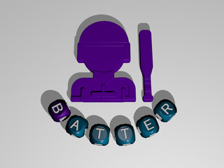 batter text around the 3D icon - 3D illustration for baseball and background