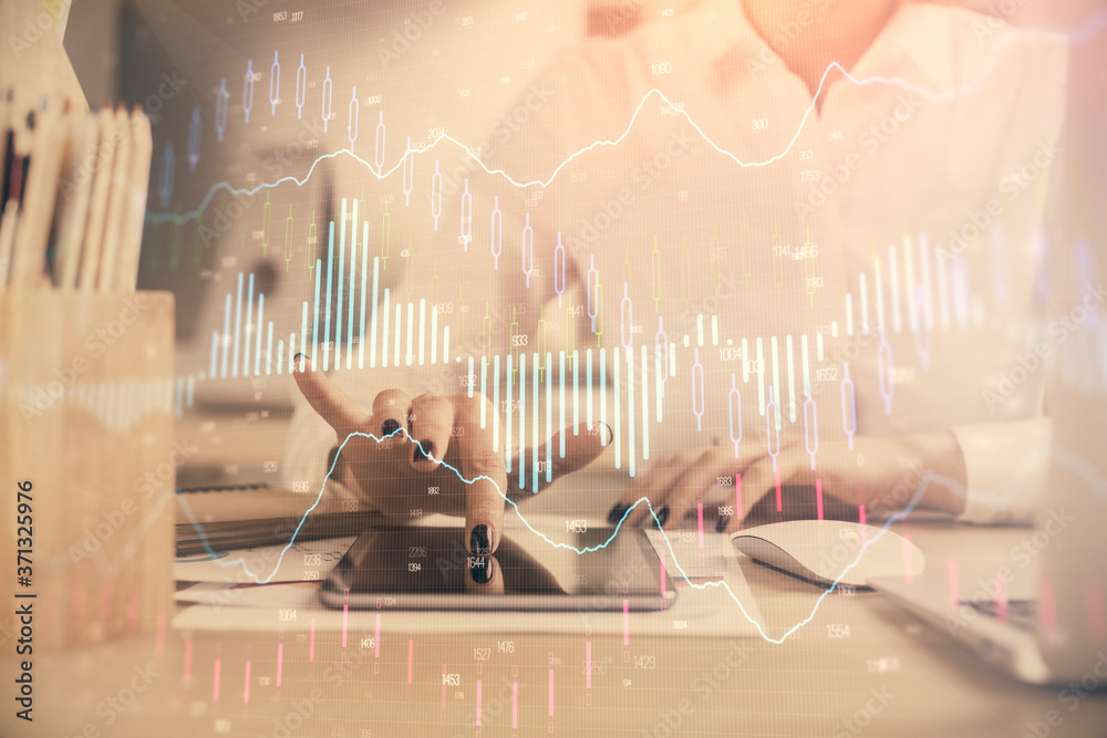 Poster double exposure of forex chart sketch hologram and woman holding and using a mobile device. financia