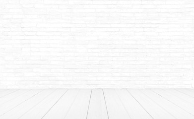 Vintage interior room with white wood floor and brick wall background
