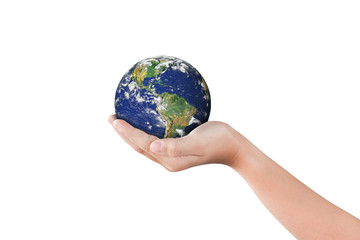 Environment day concept, Globe in hand isolated on white. Elements of this image furnished by NASA