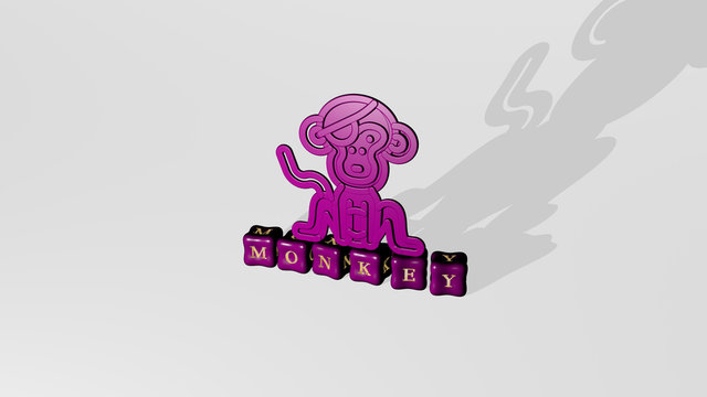 monkey 3D icon object on text of cubic letters - 3D illustration for animal and background