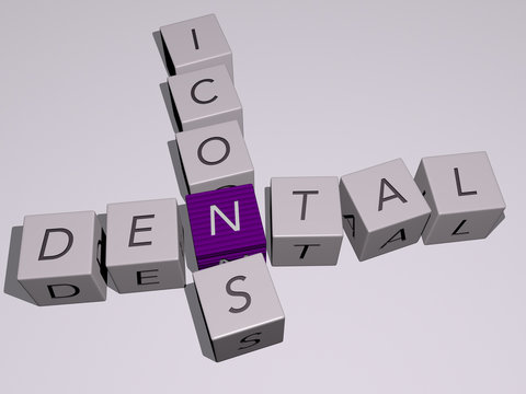 dental icons crossword by cubic dice letters - 3D illustration for dentist and care