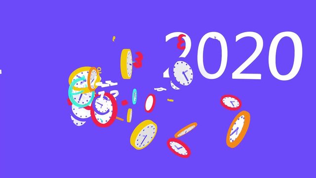 3d animation of flat colored clocks moving in space. Showing the change of year from 2020 to 2021.