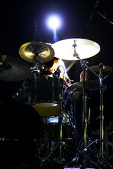 Naklejka na ściany i meble Live music photo background, rock drum set with cymbals. Closeup photo, soft selective focus