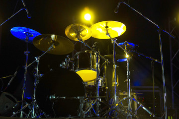 Obraz na płótnie Canvas Live music photo background, rock drum set with cymbals. Closeup photo, soft selective focus