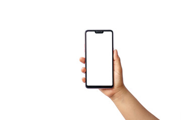 Man hand holding a black smartphone with a blank screen isolated on white background, clipping path.