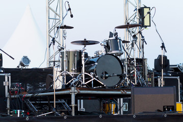 Live music photo background, rock drum set with cymbals. Closeup photo, soft selective focus