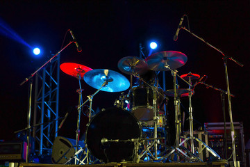 Live music photo background, rock drum set with cymbals. Closeup photo, soft selective focus