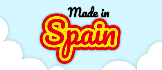 Bold stroke text style "Made in Spain" vector illustration. Text in country flag colours, floating on editable/removable sky with clouds background.