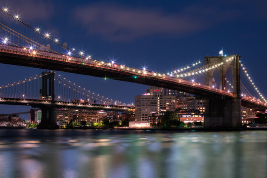 View on Dumbo with Brooklyn and Manhattan bridge at night with a long exposure,