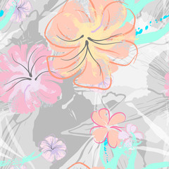Pink Flowers Blooming Pattern. Pastel Watercolor.
