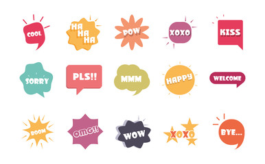 slang bubbles different words and phrases in multicolor cartoon, cool sorry omg flat icons set