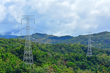 Tall high electric tower and power lines