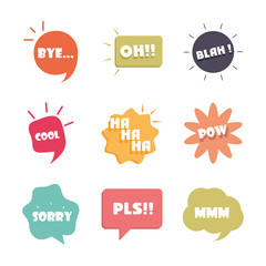 slang bubbles different words and phrases in multicolor cartoon, bye pls sorry flat icons set