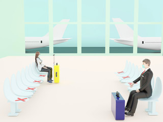 3D rendering,Businessman wearing a mask at the airport waiting in a chair with a suitcase,  New Normal Concept ,3D illustration