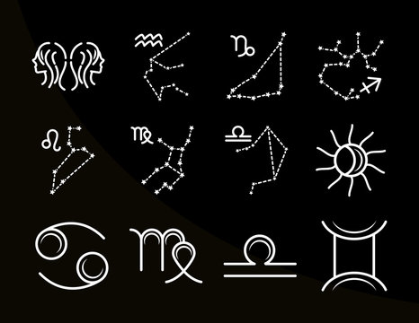 zodiac astrology horoscope calendar constellation gemini cancer leo virgo icons collection line style black background