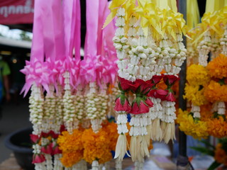 Thai style jasmine flower garlands for sale on market.