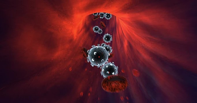 Disease Of Red Blood Cells With Viruses Flowing Inside Human Vein. Loop. Science And Health Related High Quality 3D Animation.