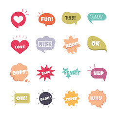 slang bubbles different words and phrases in multicolor cartoon, love nice super flat icons set