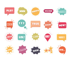 slang bubbles different words and phrases in multicolor cartoon, true hello omg flat icons set