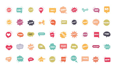 slang bubbles different words and phrases in multicolor cartoon, hello lol yes omg super thanks flat icons set